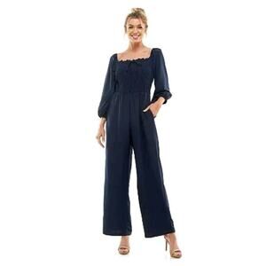 As U Wish Romper Womens Med Blue Puff Sleeve Peplum Smock Flare Leg Square Neck